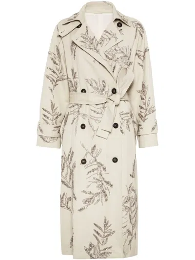 Brunello Cucinelli Herbarium-embroidered Trench Coat In Beige