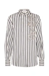 Brunello Cucinelli White Shirt With Floral Embroidery On The Front And All-over Striped Motif In Black