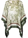 Brunello Cucinelli Green Herbarium Print Pongée Top With Monili In Neutrals