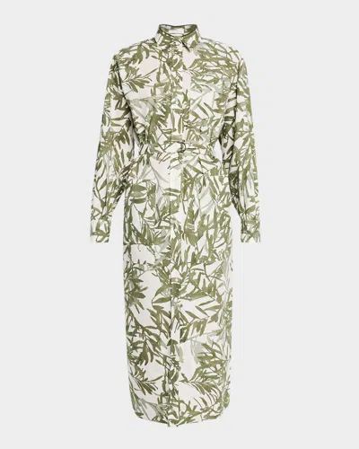 Brunello Cucinelli Herbarium-print Belted Cotton Popeline Midi Shirtdress In C001 White Matcha