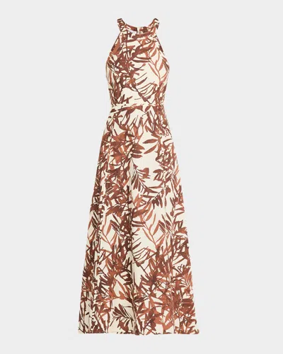 Brunello Cucinelli Herbarium Print Cotton Poplin Halterneck Volume Dress In Red