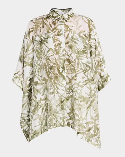 Brunello Cucinelli Herbarium-print Silk Ponge Short-sleeve Top With Monili Trim In Panama+green