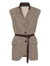 Brunello Cucinelli Waist Belted Lapel Sleeveless Textured Jacket In Brown