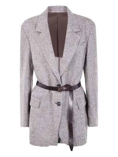 Brunello Cucinelli Waist Belted Single Breasted Jacket In Blue