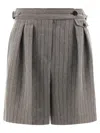 Brunello Cucinelli Grey Bermuda Panrs With Off-centered Button Closure And All-over Striped Motif In Linen Blend Woman In Multi