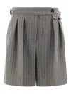 Brunello Cucinelli Grey Bermuda Panrs With Off-centered Button Closure And All-over Striped Motif In Linen Blend Woman In Multi