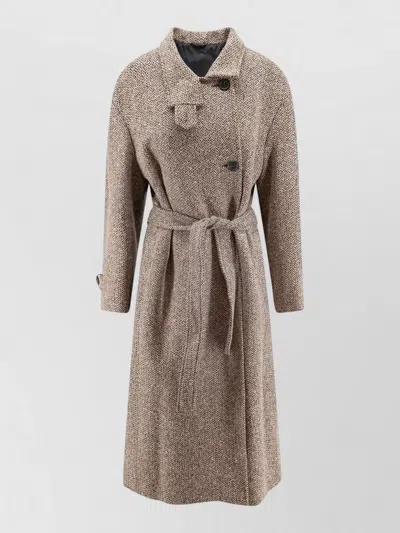 Brunello Cucinelli Herringbone Coat Monili Detail Belted Design In Brown