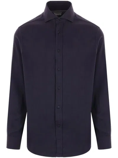 Brunello Cucinelli Herringbone Cotton Blend Shirt In Blue