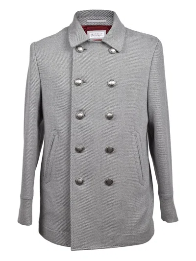 Brunello Cucinelli Herringbone Double-breasted Jacket In Gray