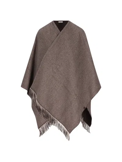 Brunello Cucinelli Herringbone Fringe-trim Poncho In Brown