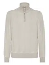 Brunello Cucinelli Herringbone Half-zip Sweater In Gray