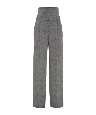 Brunello Cucinelli Herringbone High-waist Trousers In Gray