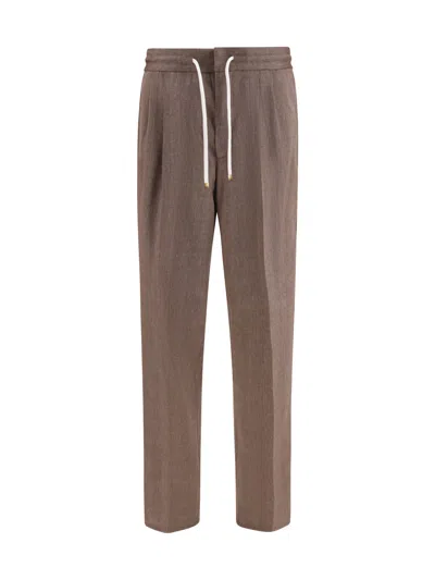 Brunello Cucinelli Herringbone Linen And Wool Trousers In Brown