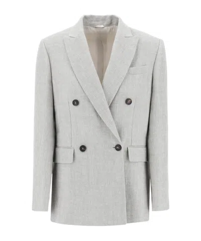 Brunello Cucinelli Herringbone Linen Blazer In Gray