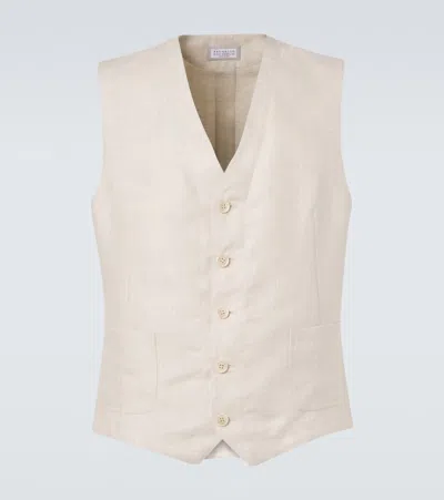 Brunello Cucinelli Herringbone Linen Vest In White