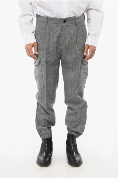 Brunello Cucinelli Herringbone Motif Single-pleated Virgin Wool Cargo Pants Wit In Gray