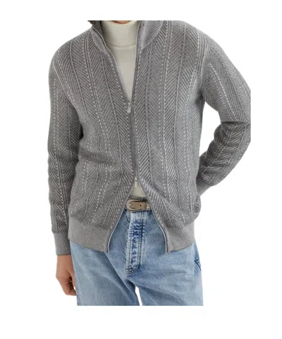 Brunello Cucinelli Herringbone-pattern Cardigan In Gray