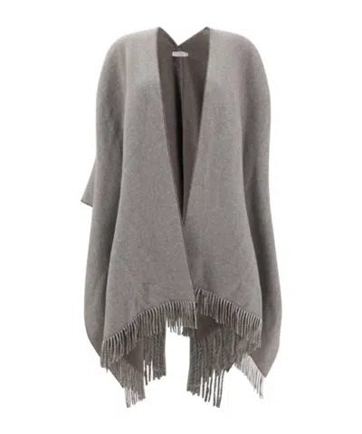 BRUNELLO CUCINELLI HERRINGBONE-PATTERN FRINGED PONCHO