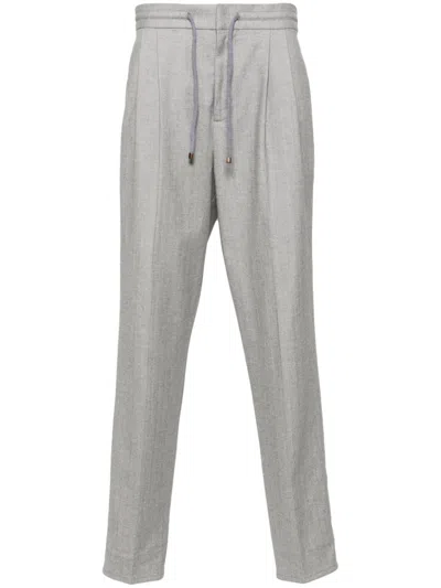 Brunello Cucinelli Herringbone-pattern Tapered Trousers In Light Grey