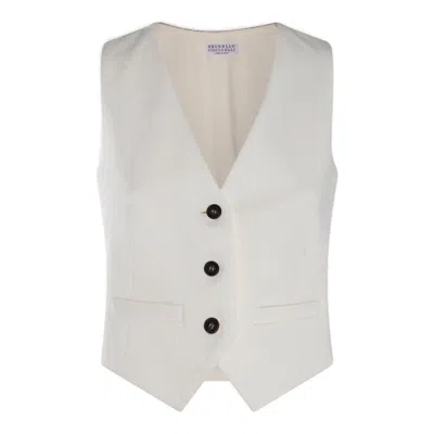 Brunello Cucinelli Herringbone-pattern V-neck Button-down Gilet In White