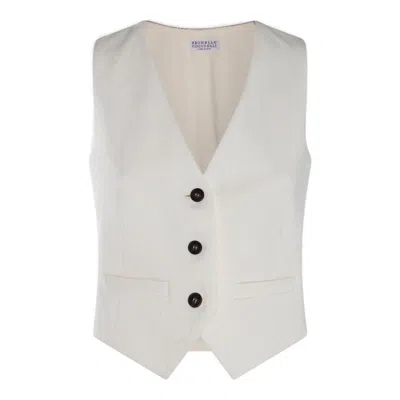 Brunello Cucinelli Herringbone-pattern Button-down Gilet In White