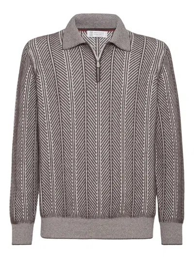 BRUNELLO CUCINELLI HERRINGBONE-PATTERN ZIPPED POLO SHIRT
