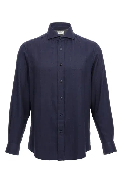Brunello Cucinelli Herringbone Patterned Cotton-blend Flannel Shirt In Blue