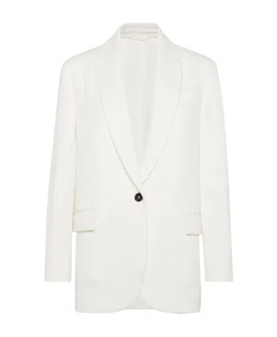 Brunello Cucinelli Herringbone Single-breasted Tailored Blazer In White