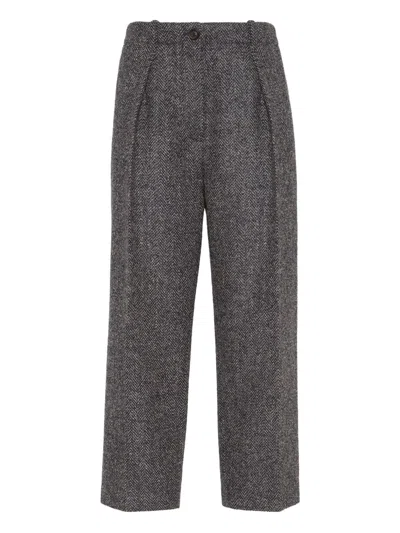 Brunello Cucinelli Herringbone Tweed Pleated Trousers In Gray