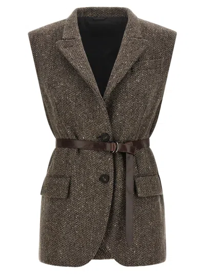 Brunello Cucinelli Herringbone Virgin Wool Vest In Taupe
