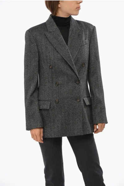 BRUNELLO CUCINELLI HERRINGBONE WOOL VIRGIN BLEND DOUBLE BREASTED BLAZER