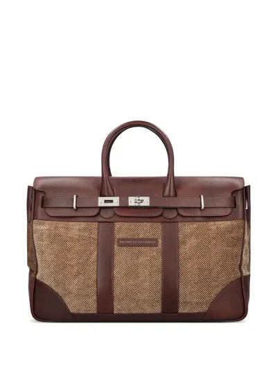 Brunello Cucinelli Herringbone-pattern Leather-trim Messenger Bag In Brown
