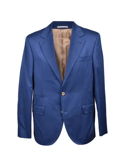 Brunello Cucinelli Herringbone-pattern Tailored Blazer In Blue