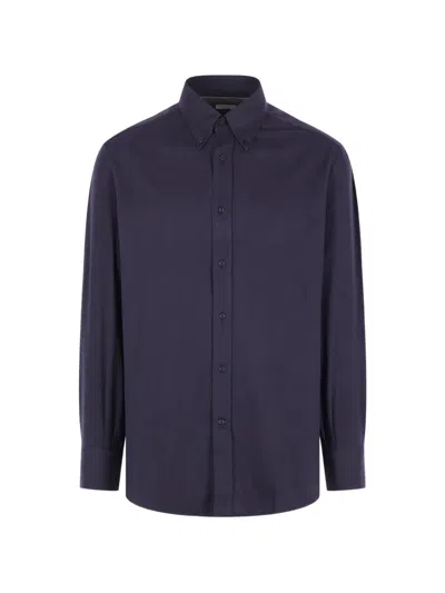 Brunello Cucinelli Herringbone-weave Button-down Shirt In Blue