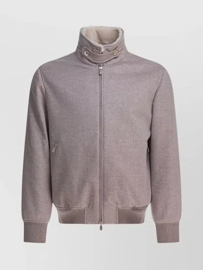 Brunello Cucinelli High Collar Ribbed Hem Button Side Pockets In Gray