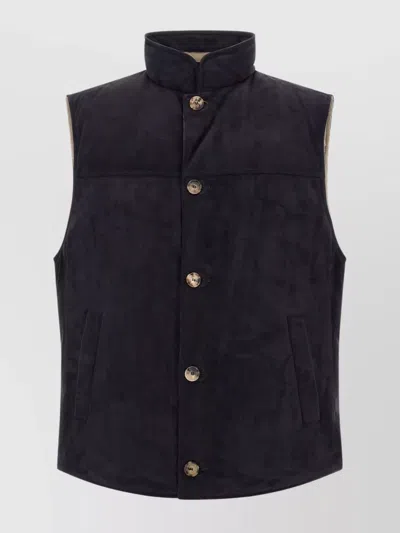 Brunello Cucinelli High Collar Sleeveless Suede Vest With Side Pockets In Black