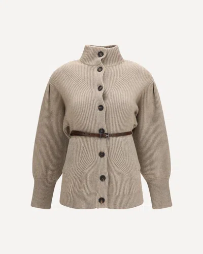 Brunello Cucinelli High Neck Cardigan With Belt In Brown