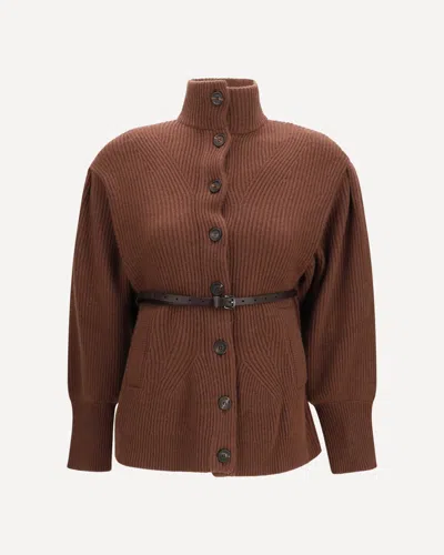 Brunello Cucinelli High Neck Cardigan With Belt In Brown