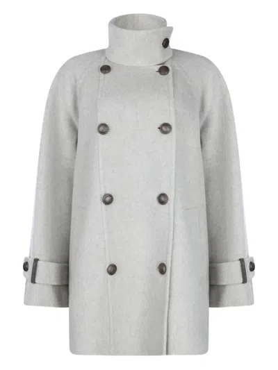 Brunello Cucinelli Virgin Wool And Cashmere Peacoat In Double Cloth With Shiny Cuff Details In Gray