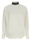 Brunello Cucinelli Silk Blouse With High Collar And Keyhole Back In Neutral