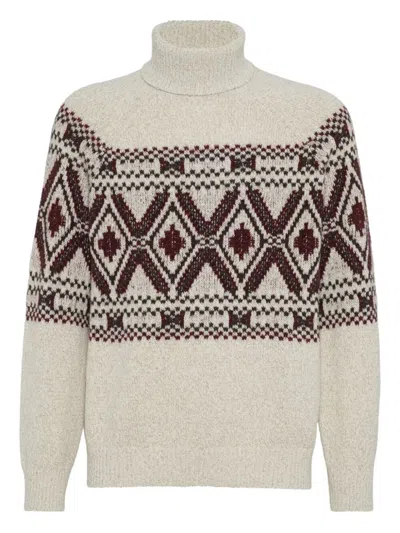 Brunello Cucinelli Geometric Jacquard Turtle Neck Pullover In White