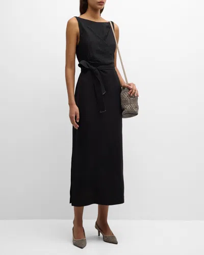 Brunello Cucinelli High-neck Monili-trim Wrap-waist Fluid Linen Midi Dress In C101 Black