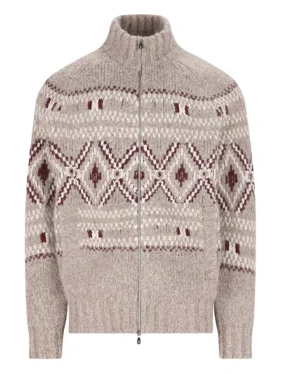 Brunello Cucinelli High-neck Patterned Cardigan In Neutral