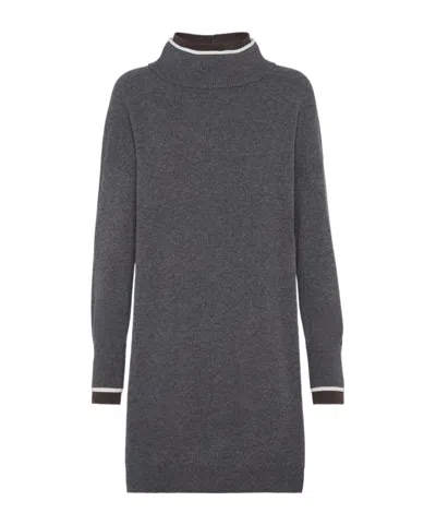 Brunello Cucinelli High-neck Ribbed-knit Mini Dress In Gray
