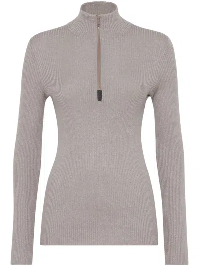 BRUNELLO CUCINELLI HIGH NECK RIBBED KNIT T-SHIRT