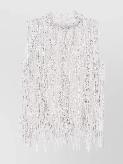 Brunello Cucinelli High Neck Sequined Lace Sleeveless Top In Grey