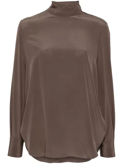 Brunello Cucinelli High-neck Silk Blouse In Brown