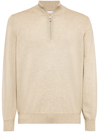 Brunello Cucinelli High-necked Cashmere Jumper With Zip Opening In Neutral