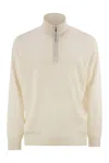 Brunello Cucinelli High-necked Cashmere Sweater With Zip Opening In White