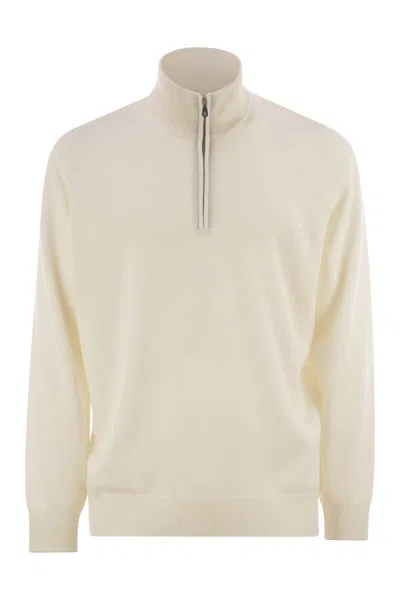Brunello Cucinelli High-necked Cashmere Sweater With Zip Opening In White